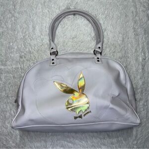 Vintage 90s Y2K White Leather Playboy Carry On Bag Bowler Gold Bunny Head Duffle